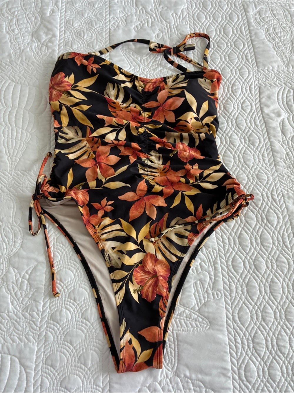 Cupshe Floral One-Piece Swimsuit - Black with Orange & Gold Leaves